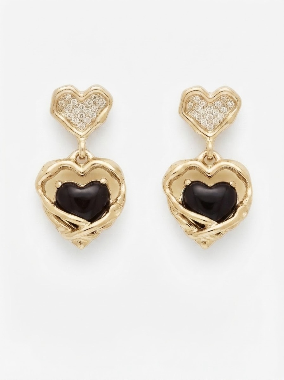 Gold Tone Heart Drop Earrings with Black Heart Center